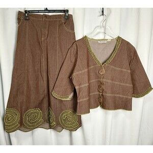 Vintage Molato 2 Piece Brown Denim Green Ruffled Jacket & Skirt Set Sz M